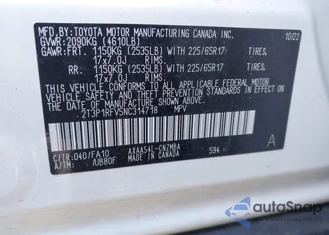 2022 Toyota Rav4 Xle z USA, uszkodzony, nr VIN 2T3P1RFV5NC314718